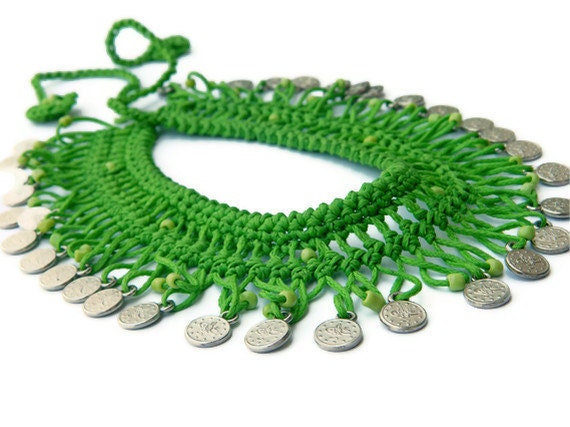 Handmade Green Bib necklace, Details of the Ottoman monogram metal circles, Turkish Mekik Oya Necklace, Summer Fashion Hand made Necklace...