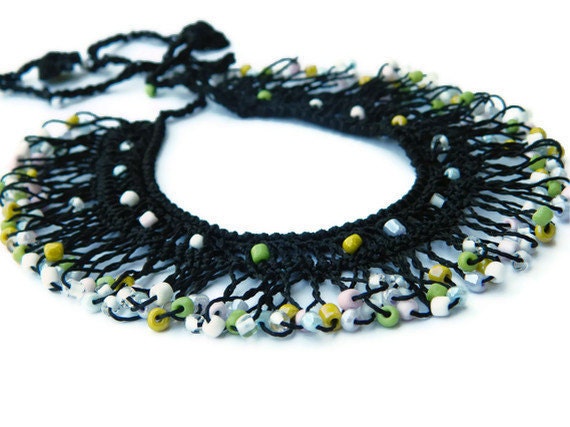 Handmade Black, Multicolor Bib Necklace, Beaded, Turkish Mekik Oya Necklace, Summer Fashion Hand made Necklace...