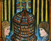 Original Acrylic Painting of Birdcage with Children, "Family Portrait" 24 x 30