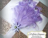 Gorgeous lavendar Nagorie feathers on a coordinating soft white lace headband w/lavendar flower embelishment