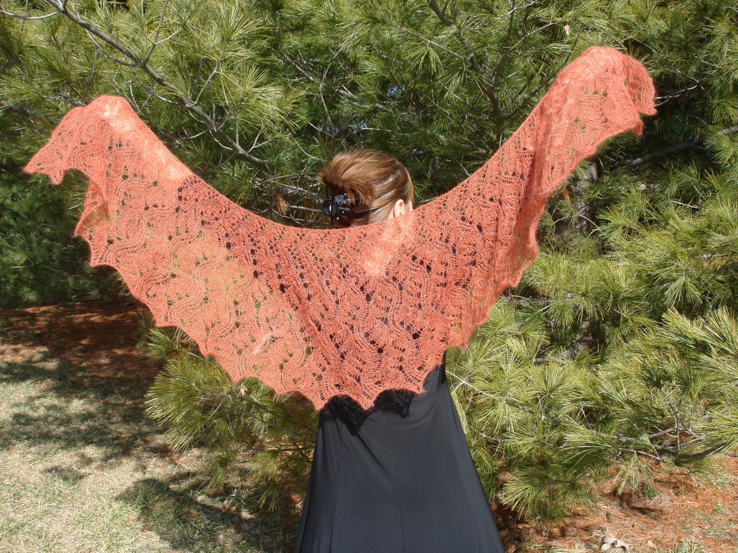 Knitted shawl lace, rust color.