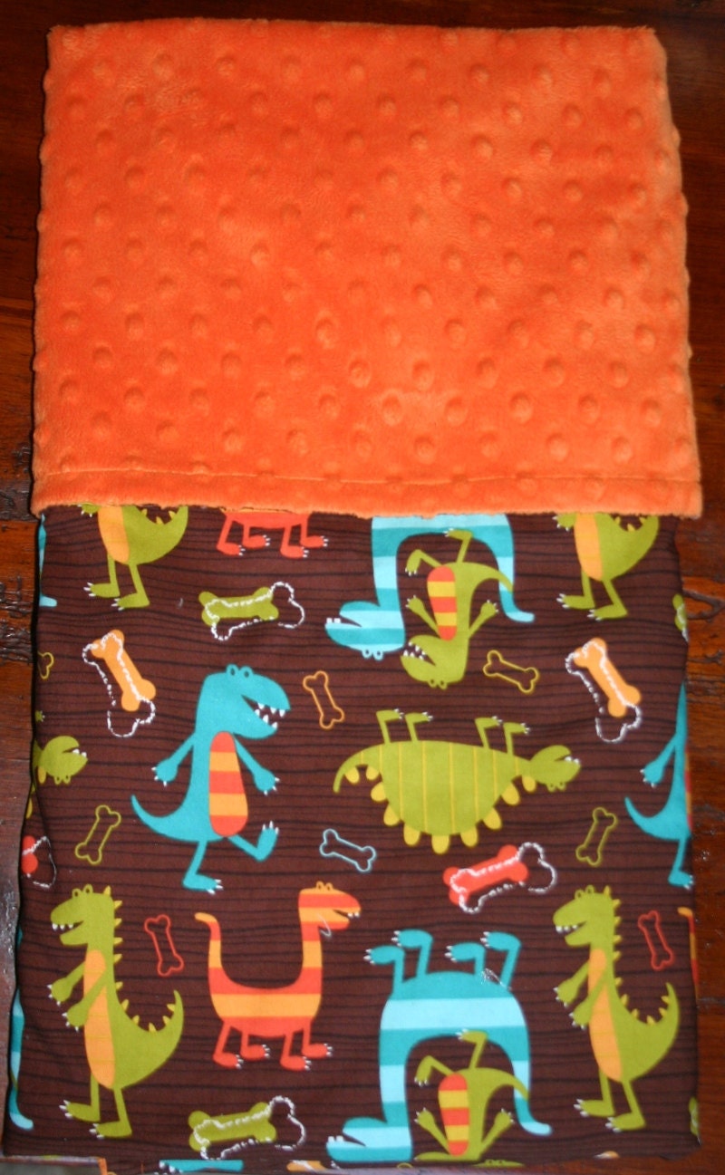 Dino Dudes Baby Blanket With Orange Dot Minky For Your Little Dinosaur