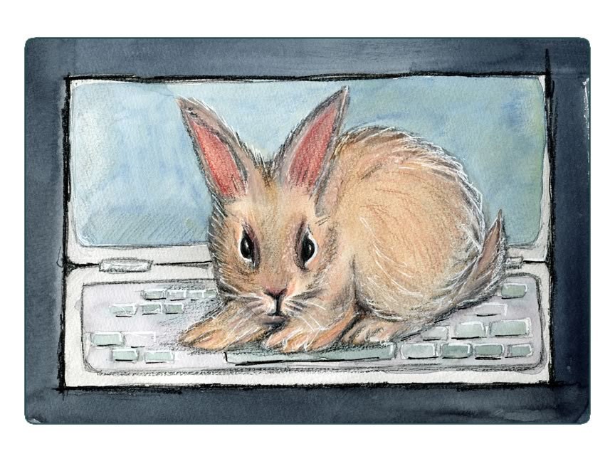 Rabbit Rabbit Hops Online - Art Print - Bunny on computer keyboard - Gift for Geeks