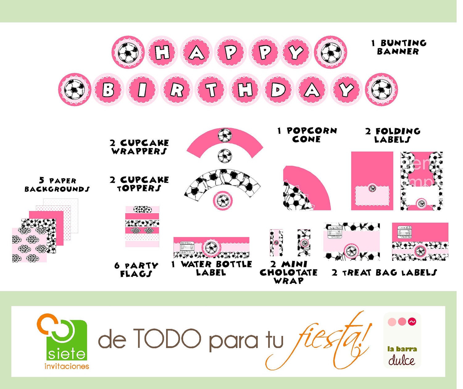 Soccer PARTY package kit 23 PRINTABLE futebol futbol baby girl pink colors