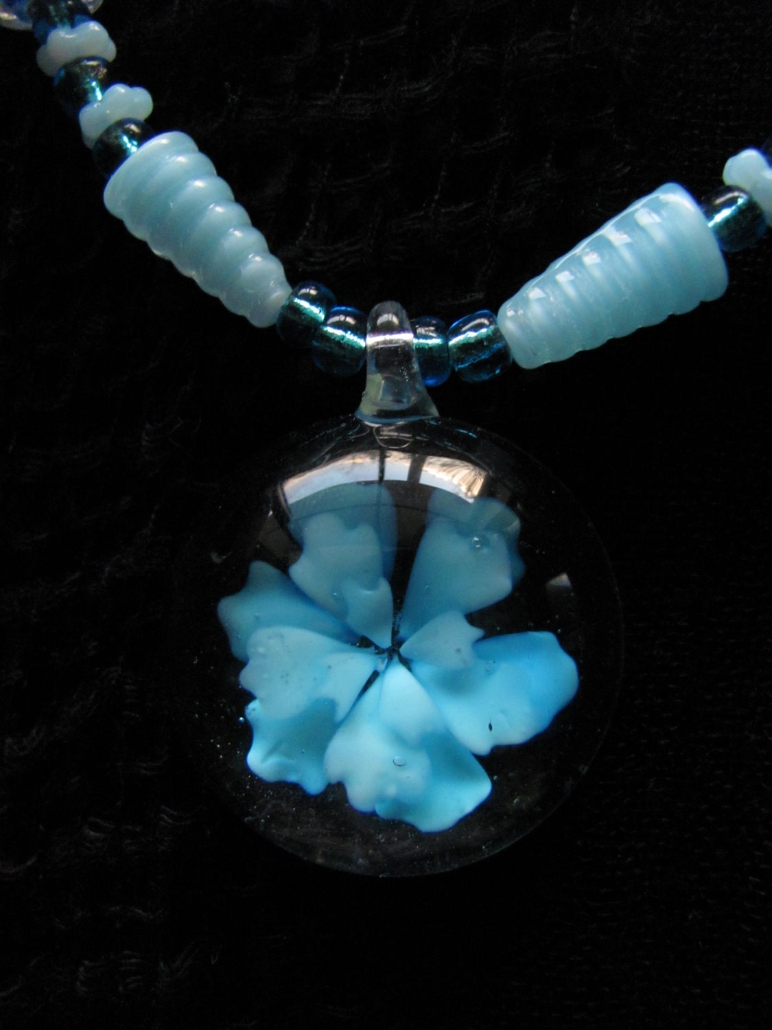 Flower Necklace Blue Pond Pendant on Teal Shimmery Glass Beads