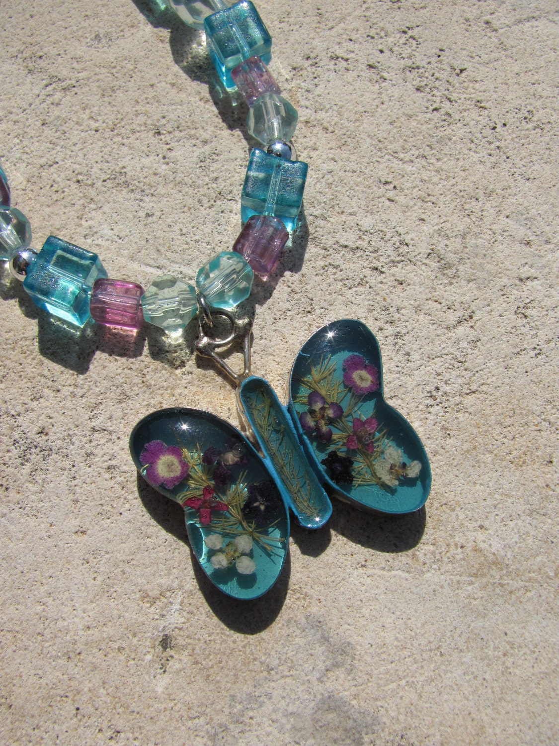 Butterfly Flower Necklace Real Miniature Flowers in Resin