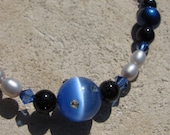Star Galaxy Necklace with Twinkling Blue Gold Stone, Freshwater Gray Pearls, Shimmery Cat Eye Glass and Swarovski Crystal Beads
