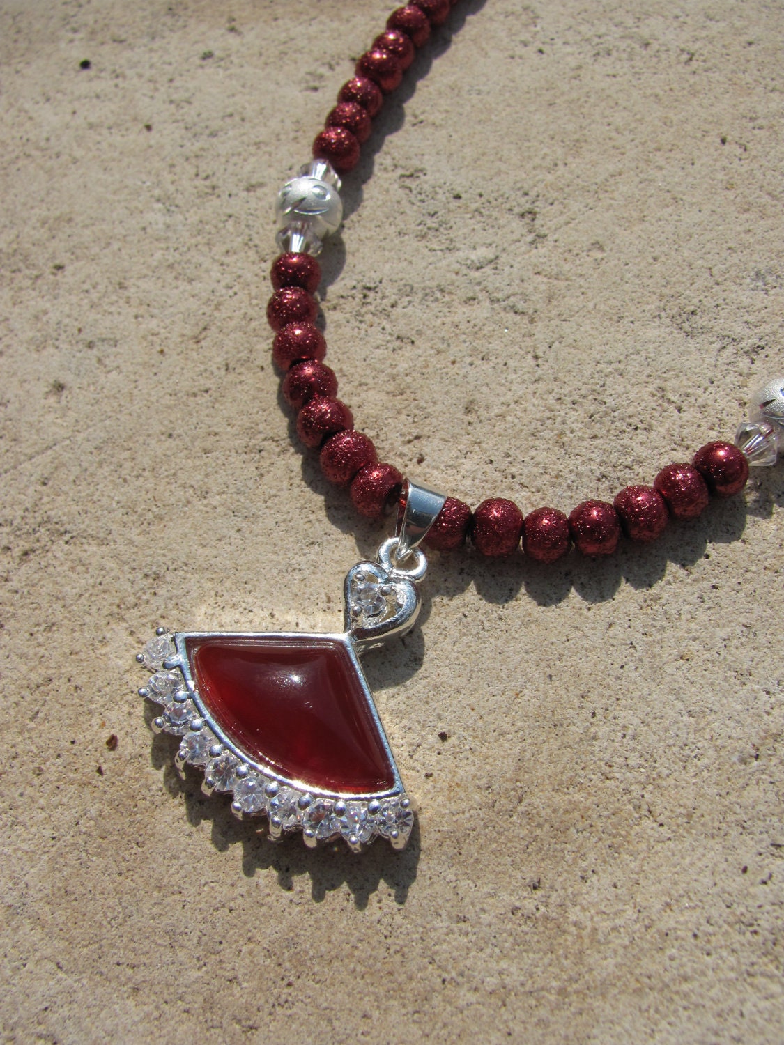 Carnelian Fan Necklace with Cubic Zirconia on Red Glass