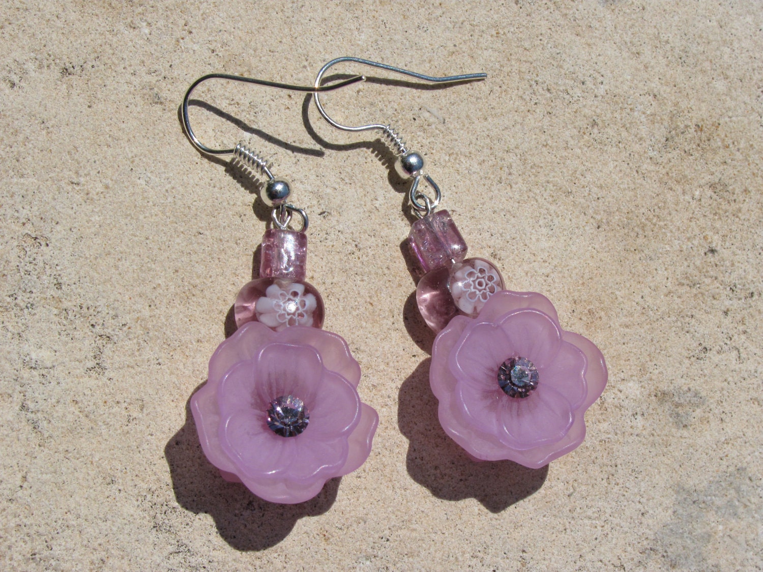 Earrings Purple Flower, Millefiori, and Crackle Glass Beads on Hypoallergenic Surgical Steel