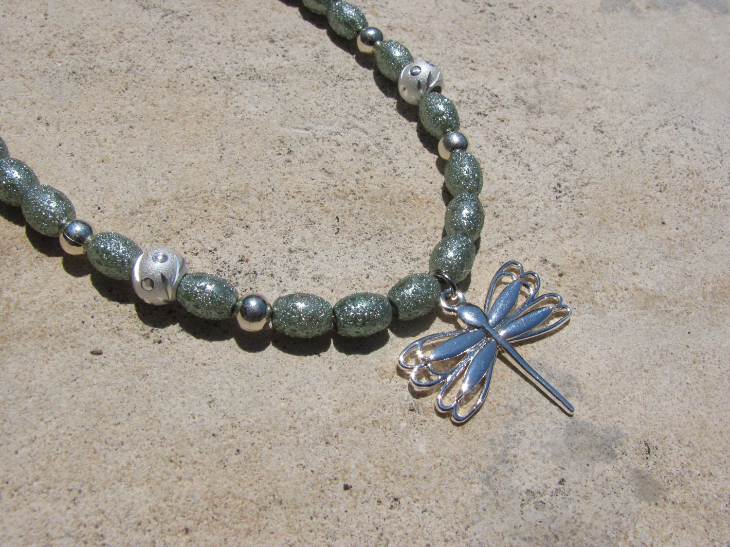 Dragonfly Necklace Sage Green Glass and Silver