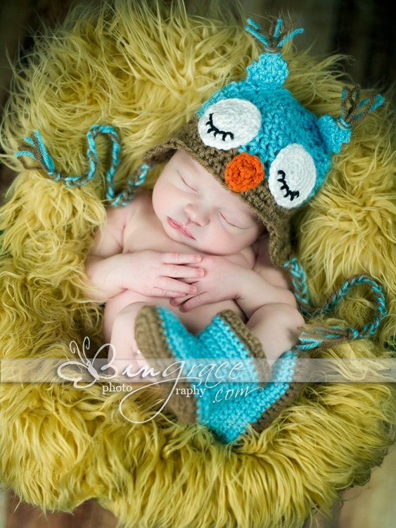 Sleepy Owl Baby Hat Blue and Mocha