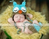 SET Sleepy Owl Baby Hat & Boot / Blue and mocha