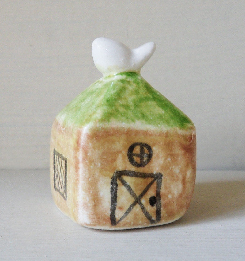 Hand Painted Porcelain Miniature English Cottage with White Bird