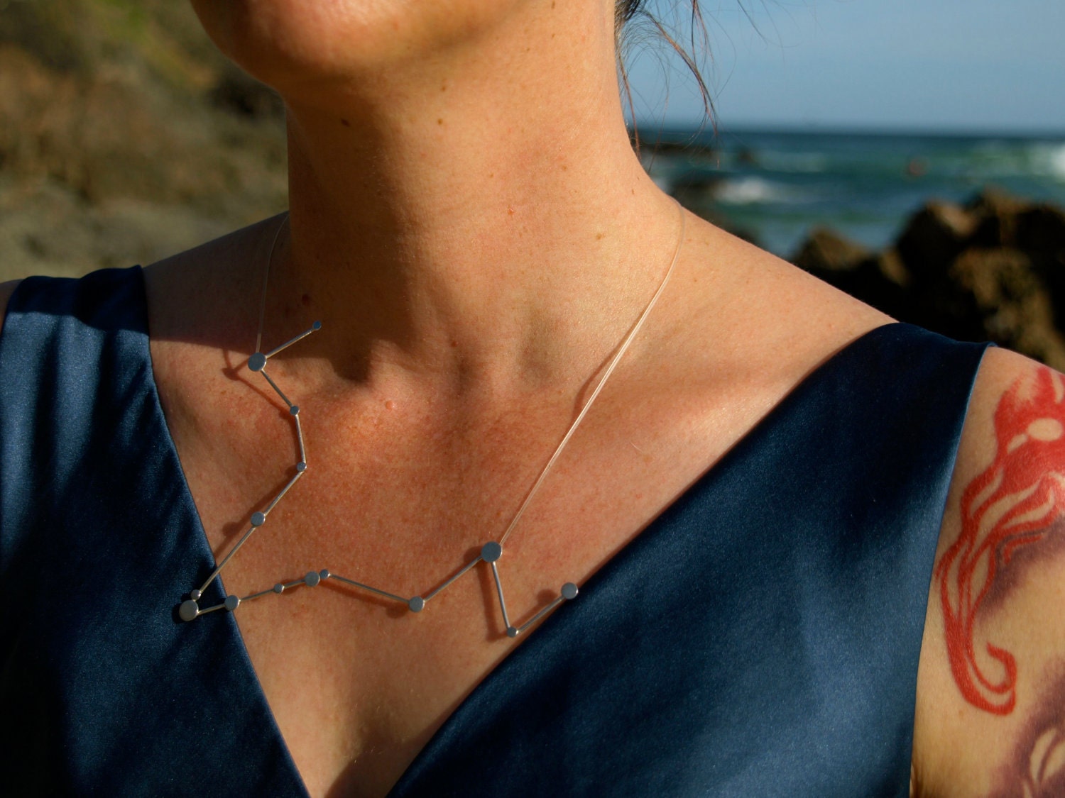 Pisces Zodiac Constellation Sterling Silver Necklace on Rubber Cord