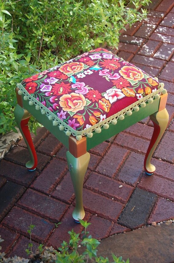 Bright Floral Embroidered and Painted Square Bench by pridadesign