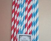 24 Blue & Red Striped Dr. Seuss Retro Vintage Paper Drinking Straw