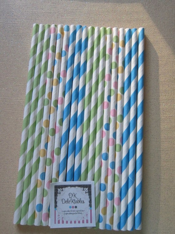 24 Green Confetti Dot Blue Retro Vintage Paper Drinking Straws Il_570xn