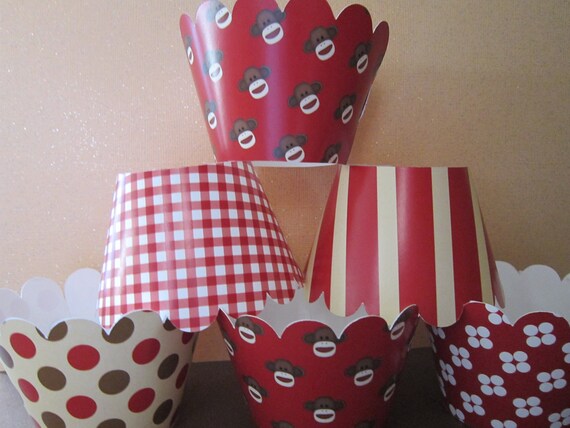 24 Mini Brown & Red Sock Monkey Inspired Cupcake Wrappers Il_570xn