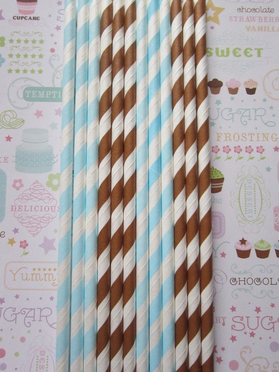 24 Light Blue & Brown Striped Paper Straws Il_570xn