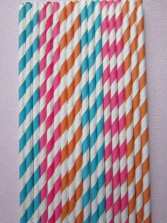 24 Hot Pink Orange Peacock Tropical Vintage Retro Paper Drinking Straws Il_570xn