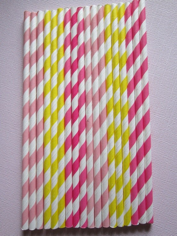 24 Pink Hot Pink Yellow Lemonade Vintage Retro Paper Drinking Straws Eco Friendly Il_570xn