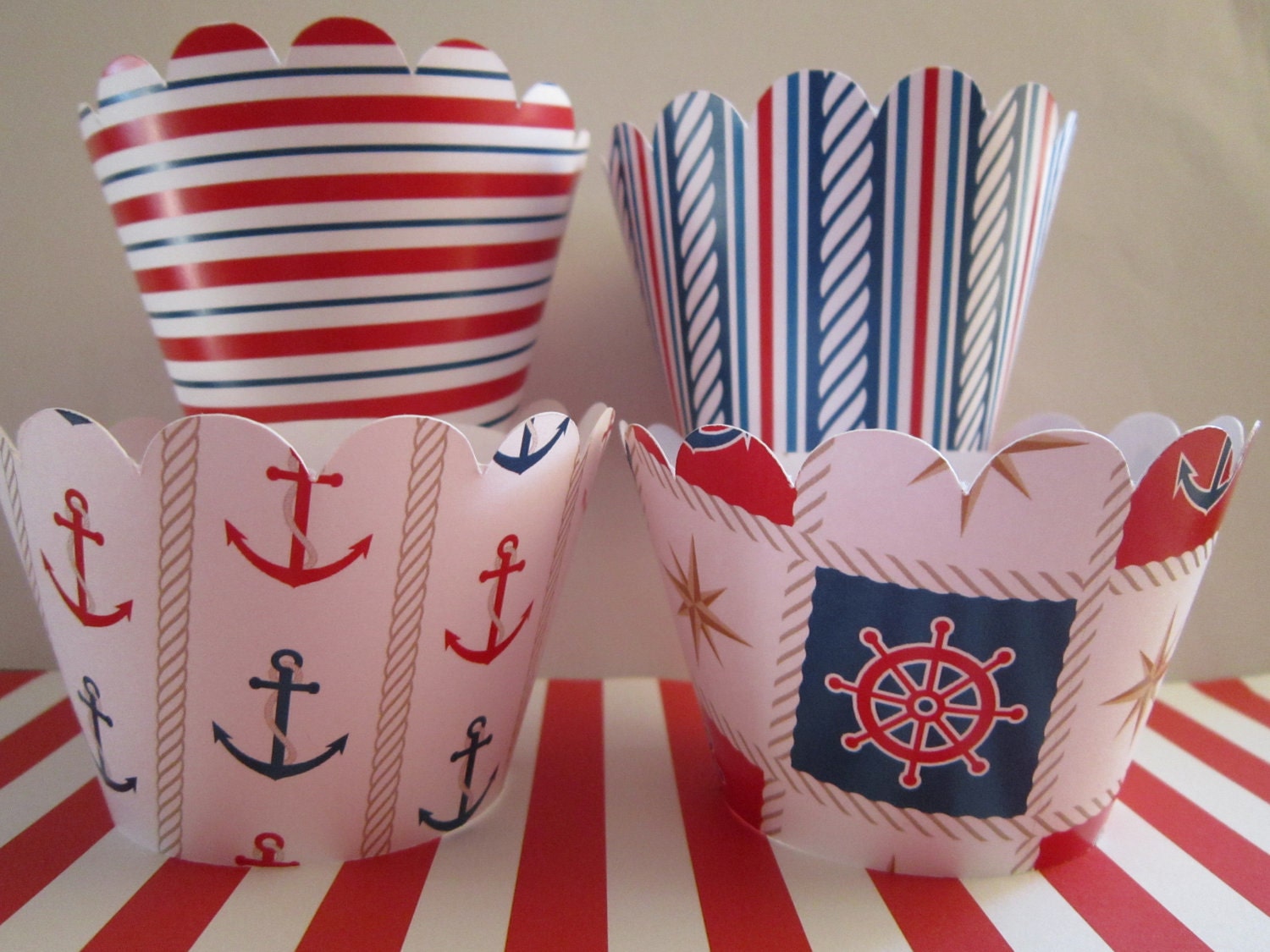 12 Standard Size Nautical Red White Blue Boat Cupcake Wrappers Il_570xn