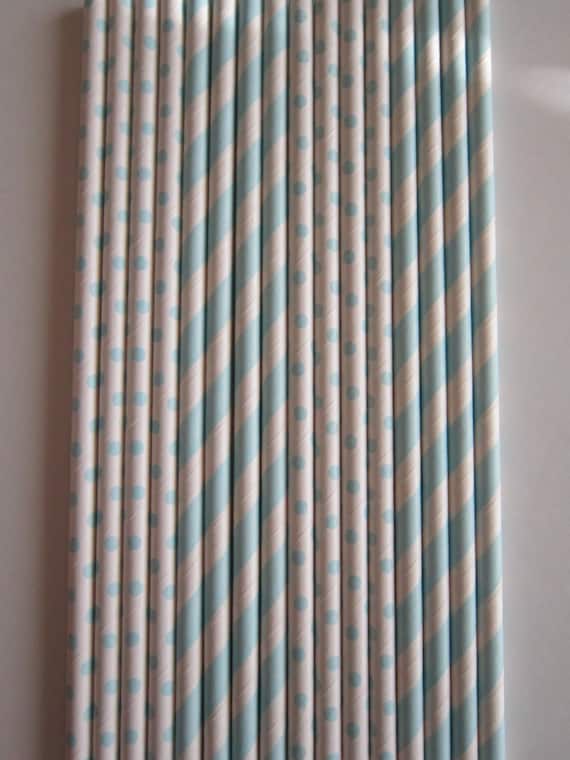 24 Light Blue Striped & Light blue Small Dot Paper Straws Il_570xn