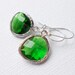 Emerald Green Glass Pendant Earrings, Silver Framed with Sterling Silver Ear Wires - Simple Classic Everyday Jewelry