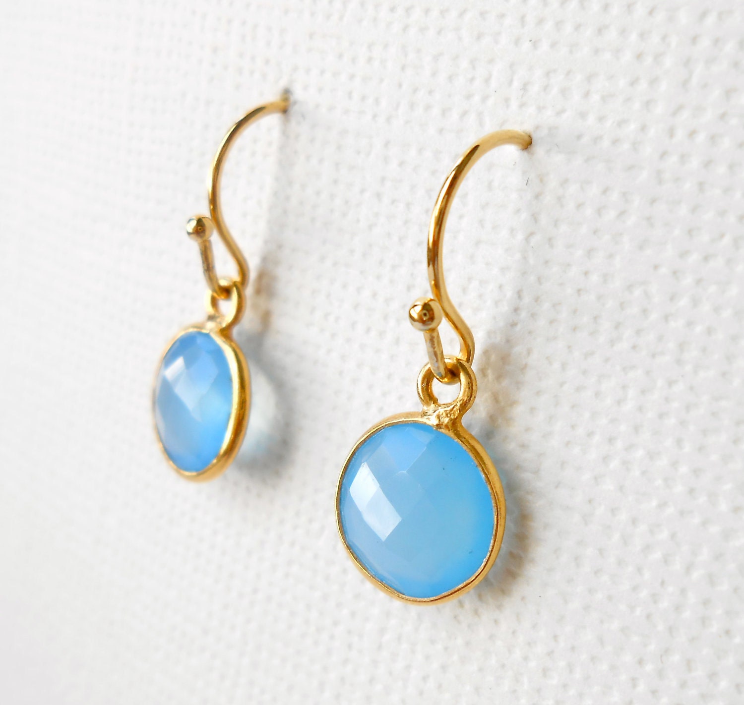Blue Chalcedony Earrings Bezel Set in Gold Vermeil, Round Petite Gemstone Jewelry - Something Blue, Bridesmaid Set, ADPi