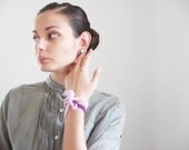 Pink bow beaded purple bracelet- romantic bracelet- very delicate pink pearls and purple beads and pink lace bow