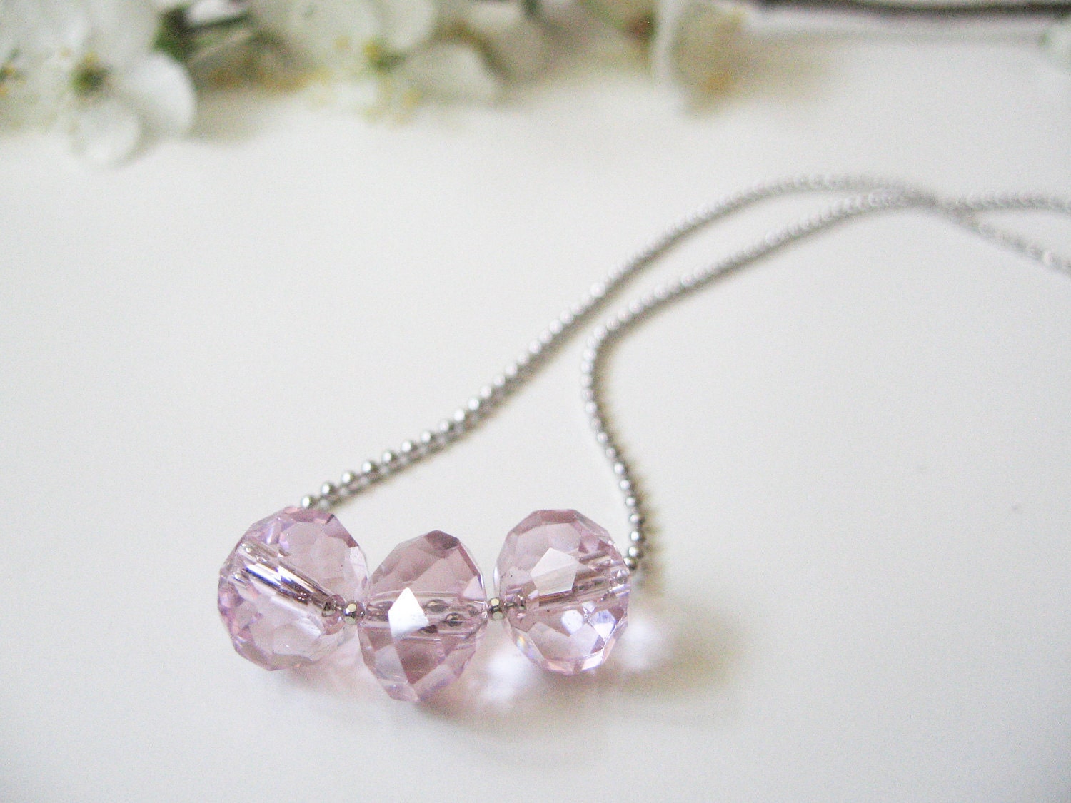 Delicate jewelry- three pale pink beads necklace - dainty delicate jewelry