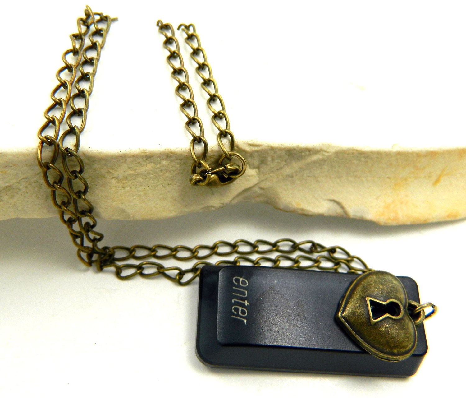 Recycled IMac Keyboard Computer Necklace, Enter Key,Bronze Heart Lock
