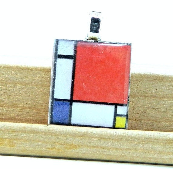Mondrian Composition II in Red, Blue, Yellow Scrabble Tile Pendant