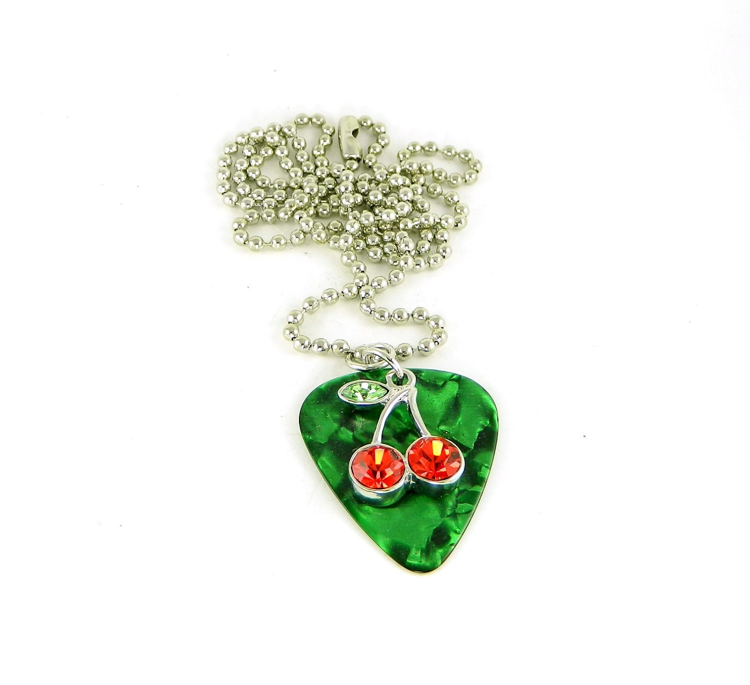Rockabilly Guitar Pick Necklace Cherries on Green Fender Marble