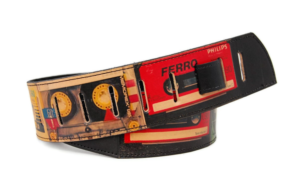 Guitar strap / Leather mens and women guitars strap / RETRO CASSETTES