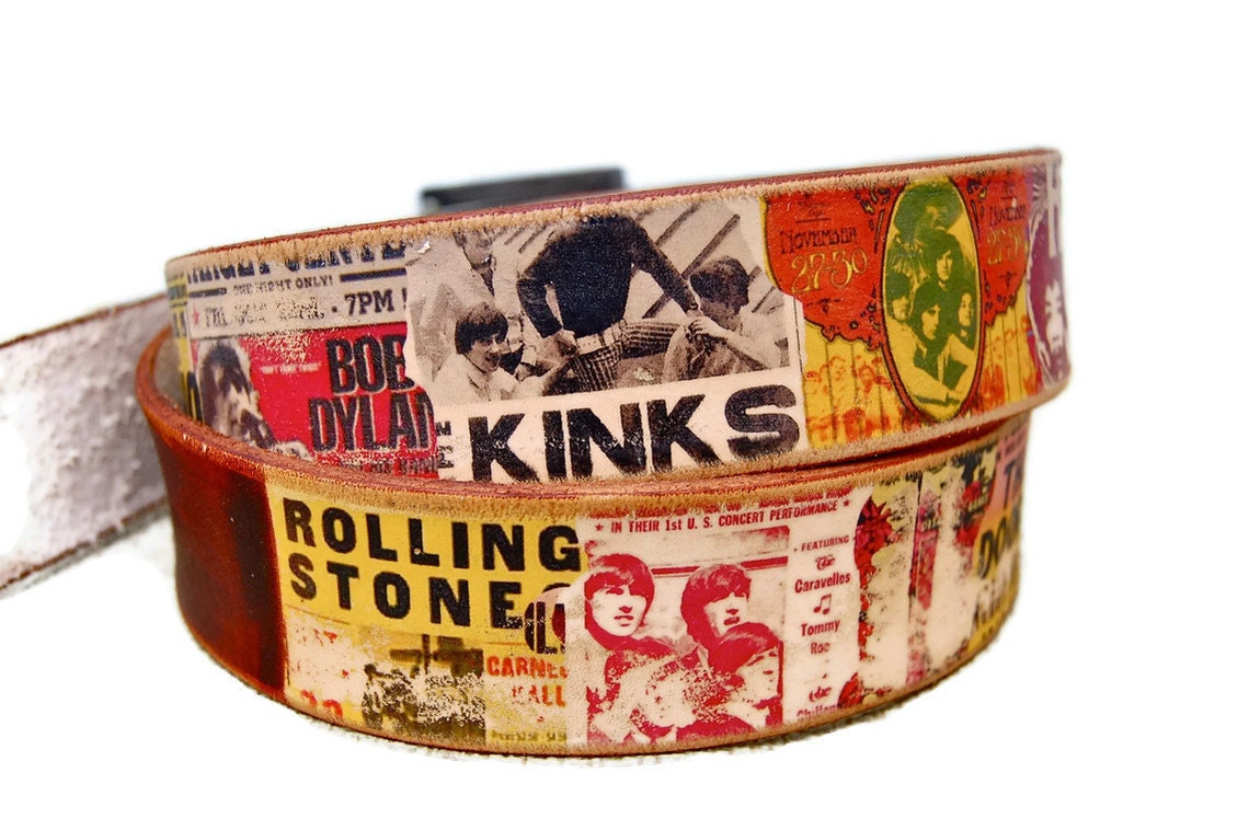 Brown leather belt - ROCK concert POSTERS collage / Unisex men and women belt