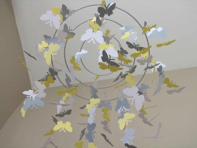 Butterfly baby mobile -White Grey and light Yellow colors