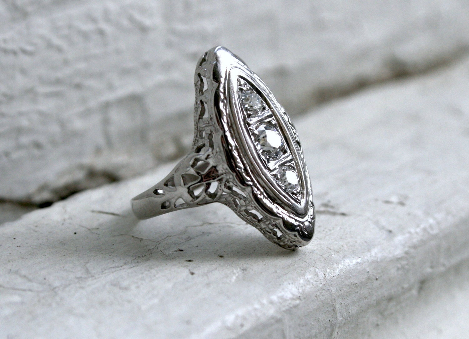 RESERVED - Sparkly Vintage Art Nouveau 18K White Gold Diamond Navette Ring - 0.45ct