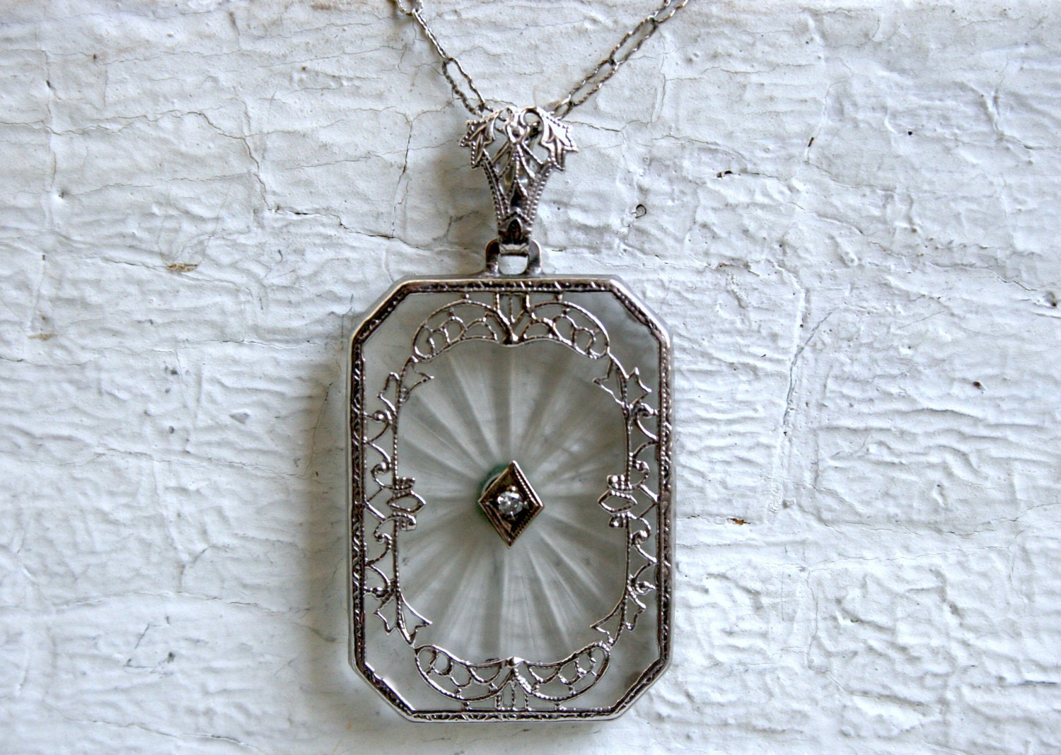 Great Vintage Diamond Camphor Glass Pendant in 14K White Gold with Original 16 inch chain