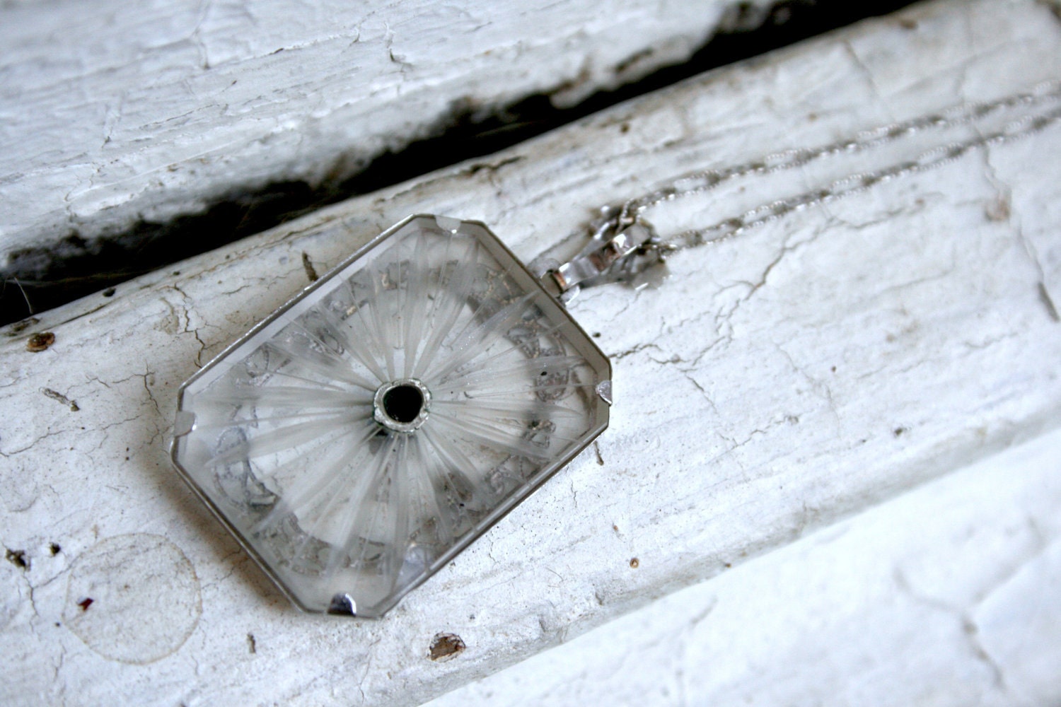 Great Vintage Diamond Camphor Glass Pendant in 14K White Gold with Original 16 inch chain