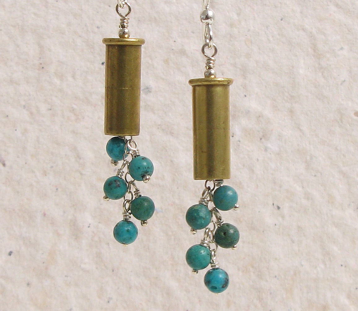 Bullet Casing Earrings - .22 Caliber Casings with Turquoise and Sterling Silver