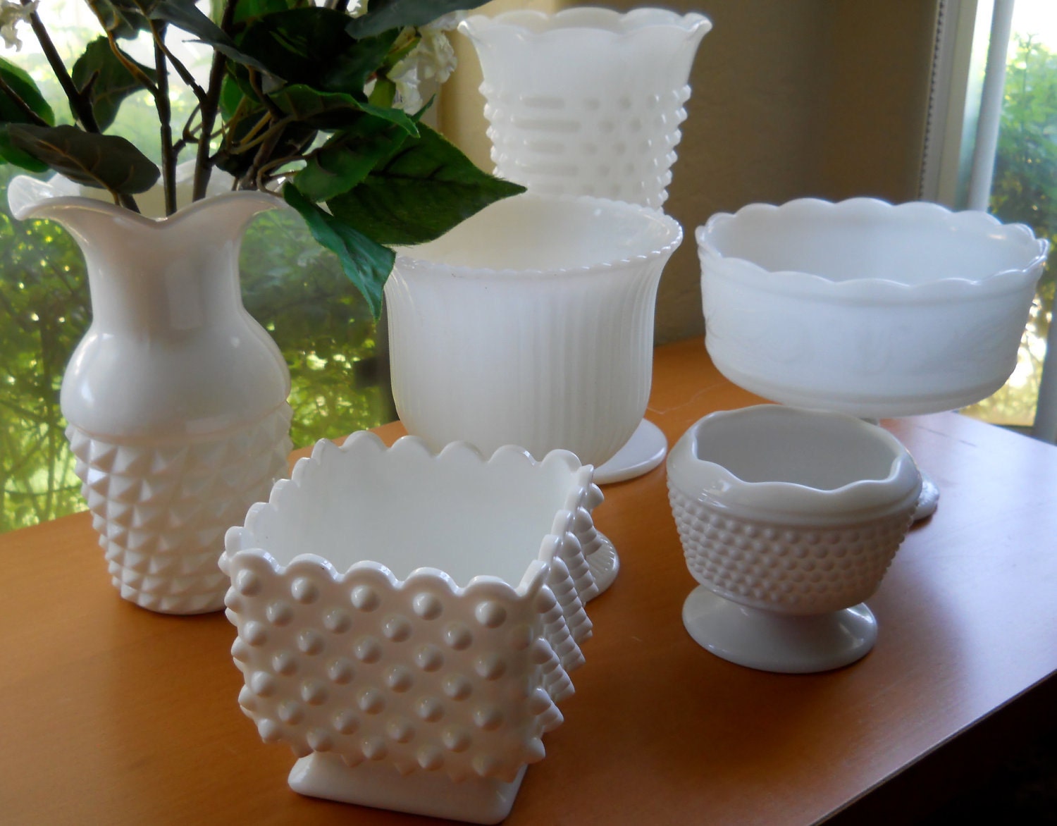 Set of Six Milk Glass Vases and Planters