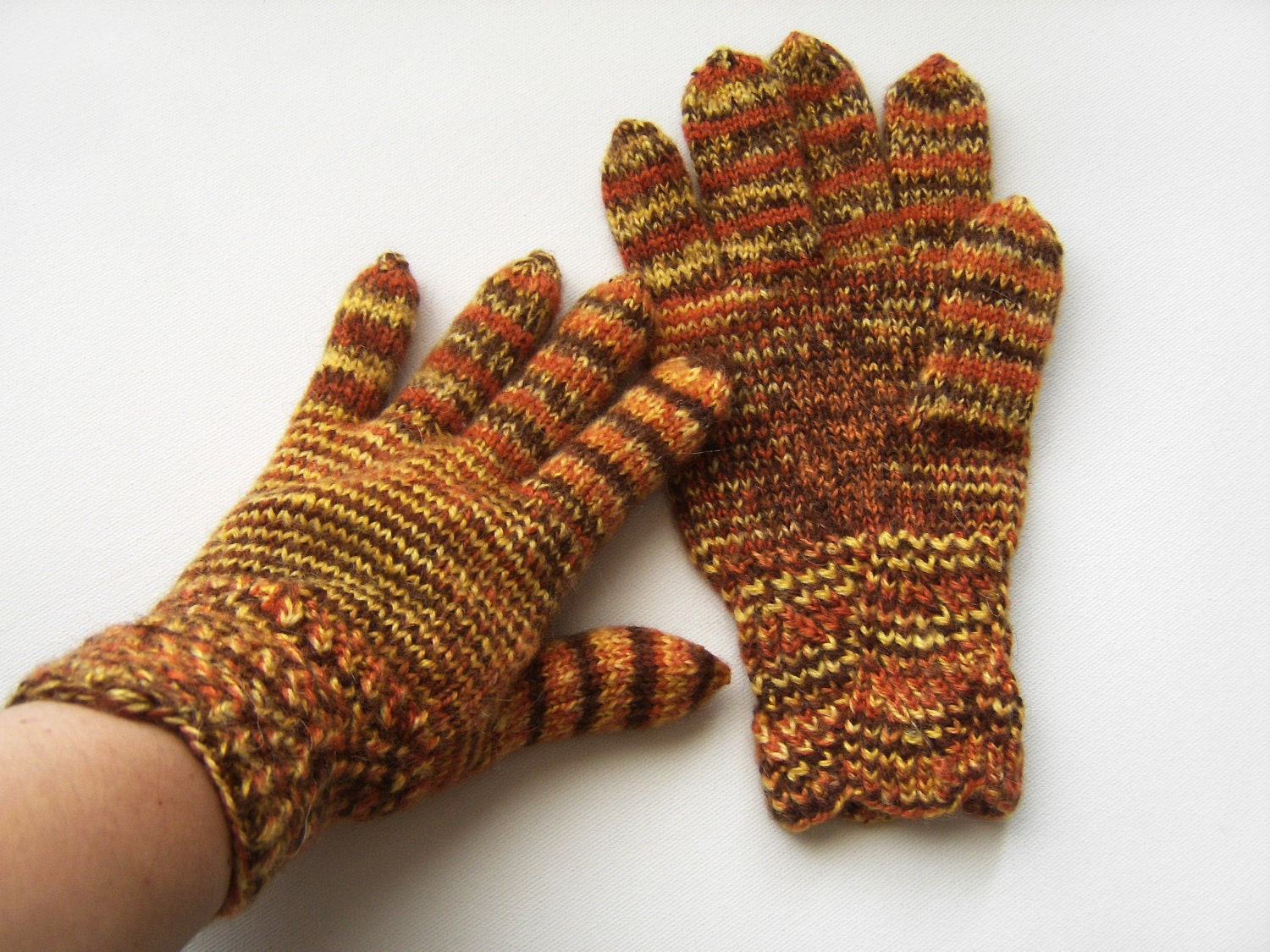 Hand Knitted Gloves - Brown and Yellow, Size Medium