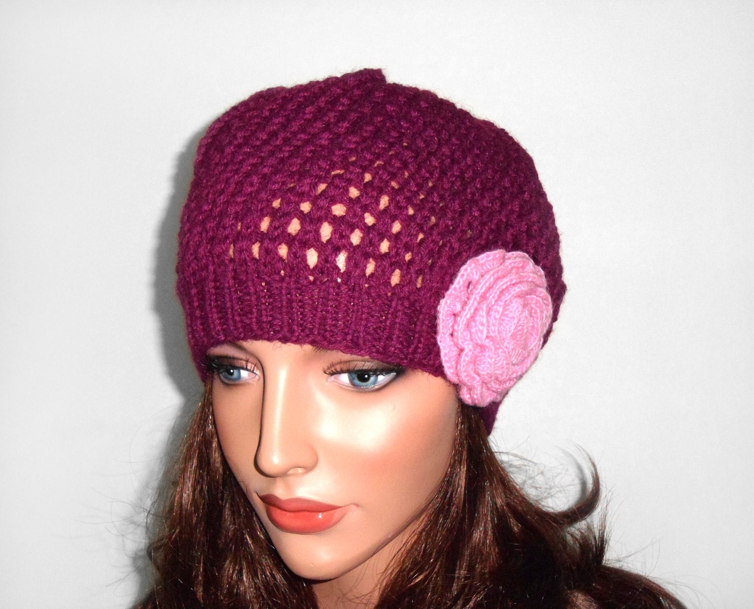 Hand Knitted Hat - Violet with Pink Flower