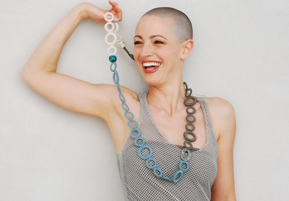 Spring fiber necklace dusk blue, white, olive / Statement cotton necklace / Textile jewelry / Italian fashion unique / Gift for her