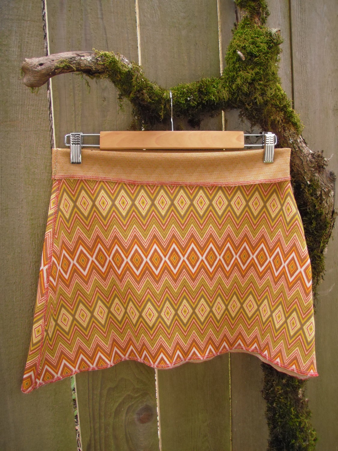 Tribal Chevron Mini/ Eco Poly Stretch Knit Mini Skirt Mustard Orange Brown White Small