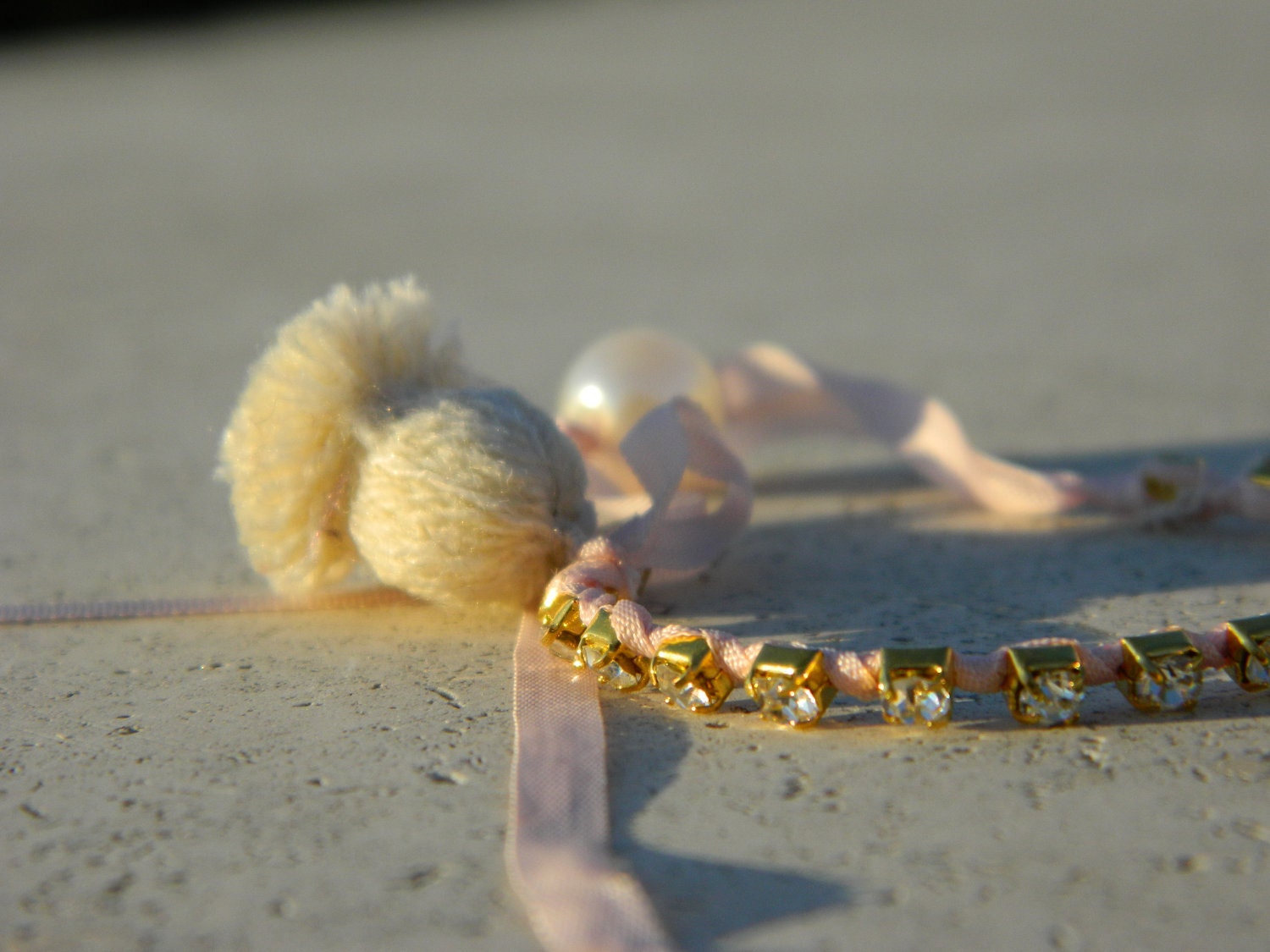 Light Pink Ribbon Crystal Wrapped Antique Gold Chain Friendsthip Bracelet with Tassel and Pearl Closure