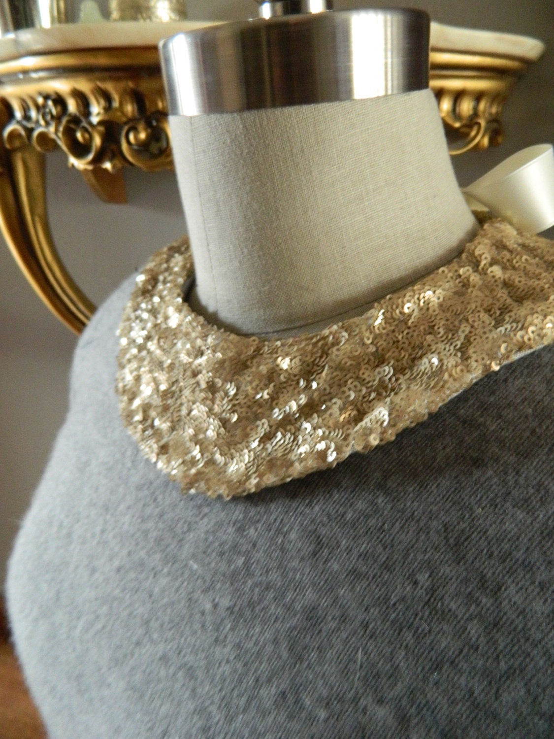 New Shape Gold Sequin Collar Necklace, 2 Sided with Adjustable Satin Bow Back Closure