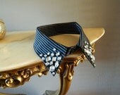 Black Pinstripe Embellished Detachable Collar with Crystal Stone Embelishment