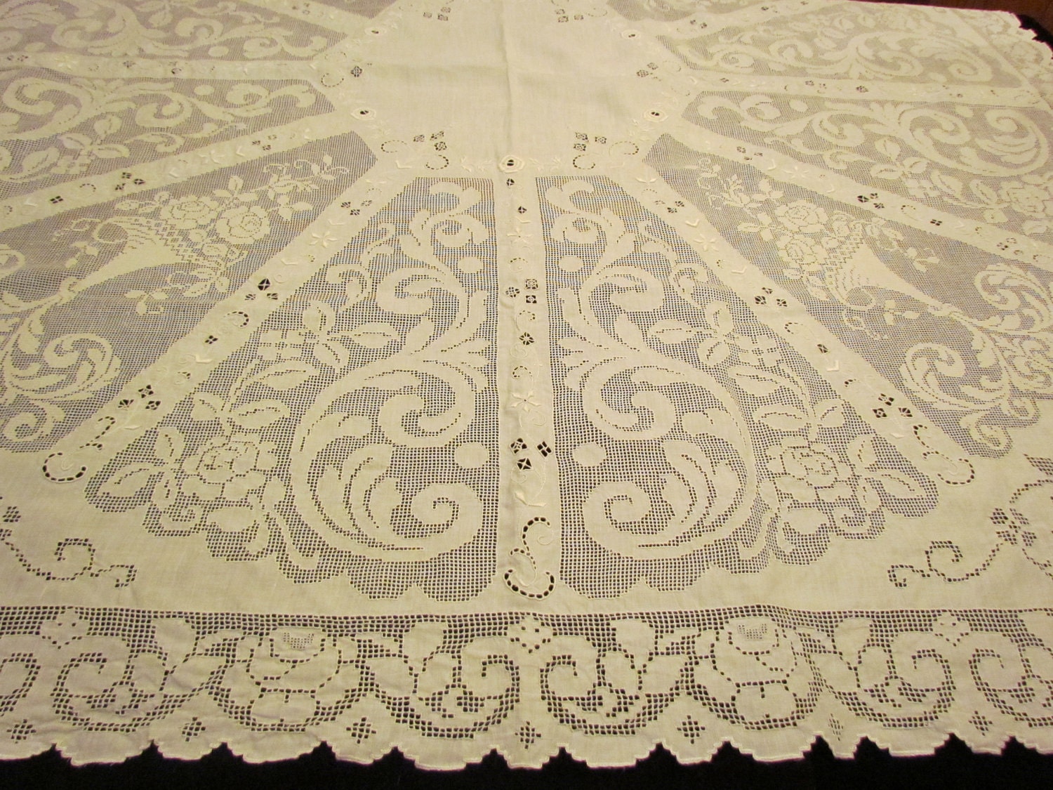 Vintage linen mosaic lace tablecloth with drawnwork and embroidery, handmade in Italy, c.1910, PRICE REDUCED